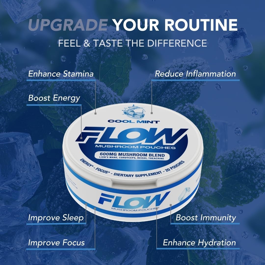 Flow Pouches pack shot highlighting zero caffeine and sugar.