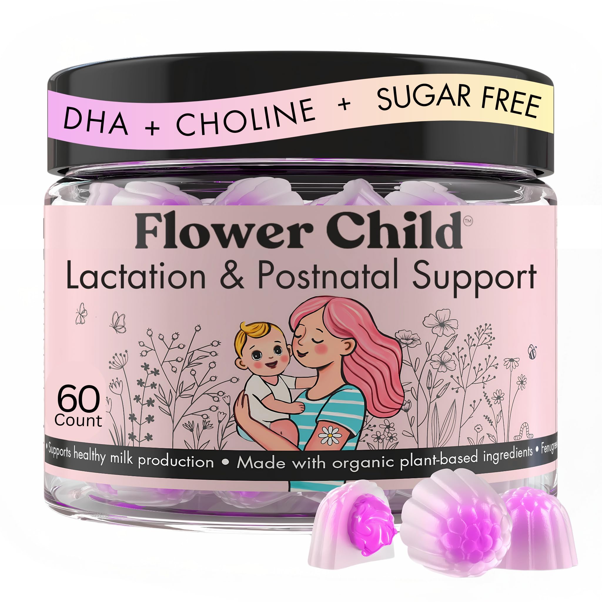 Flower Child breastfeeding gummies bottle for daily lactation support.