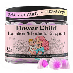 Flower Child breastfeeding gummies bottle for daily lactation support.