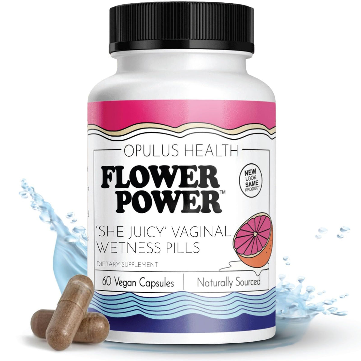 Flower Power vaginal moisture capsules bottle for easy daily use and discreet hydration.