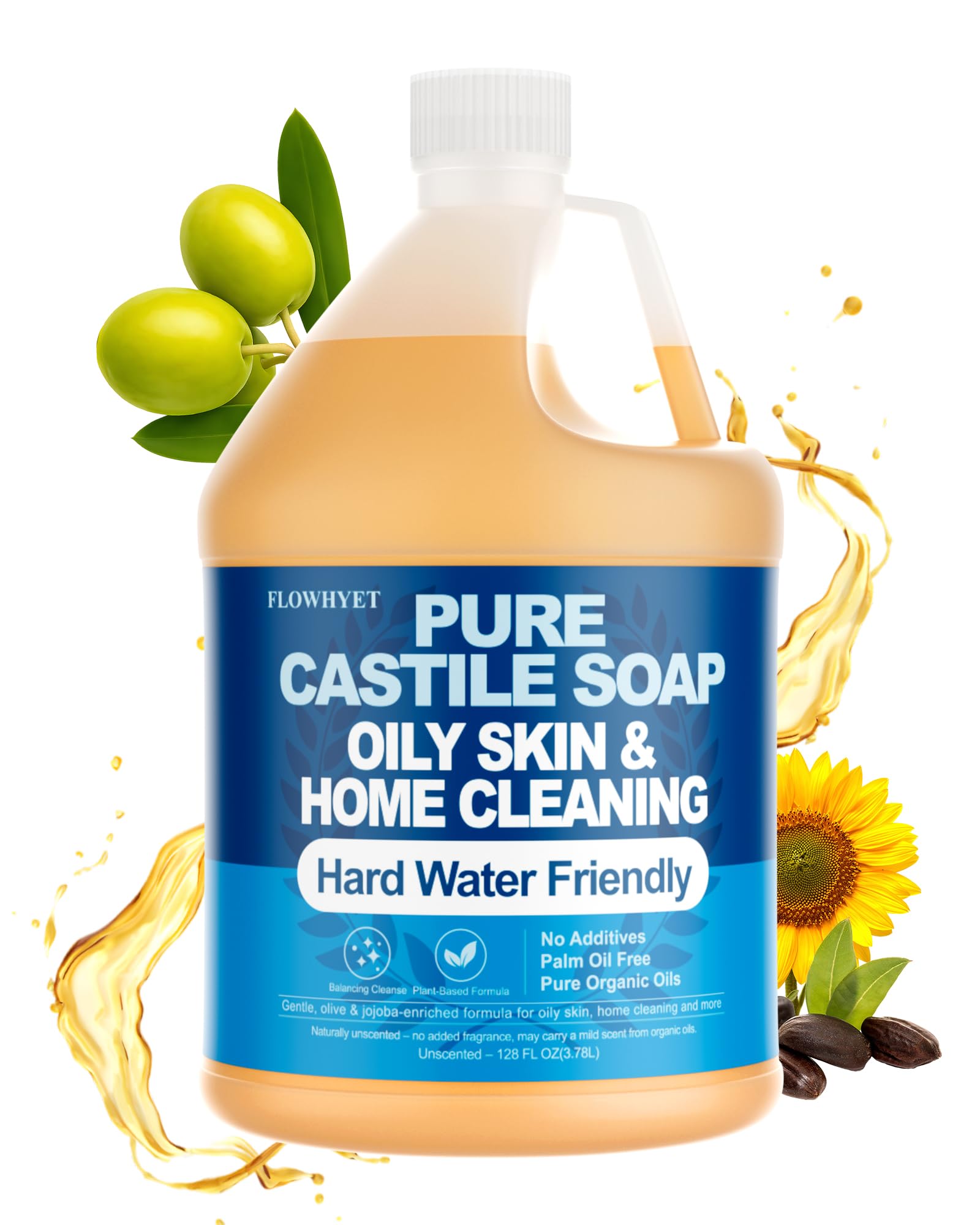 Flowhyet unscented castile soap bottle pour for versatile cleaning.