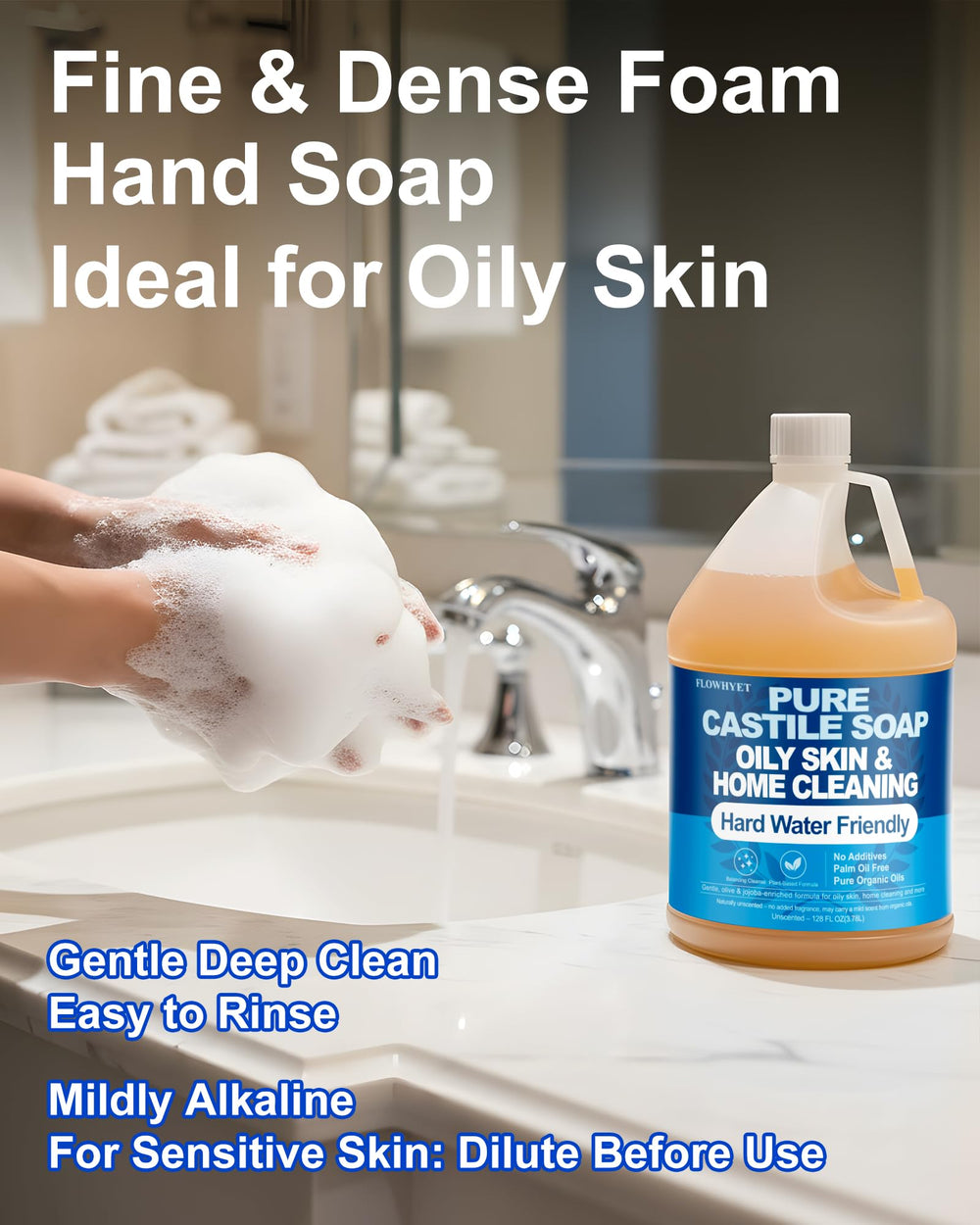 Flowhyet unscented castile soap label highlights fragrance-free formula.