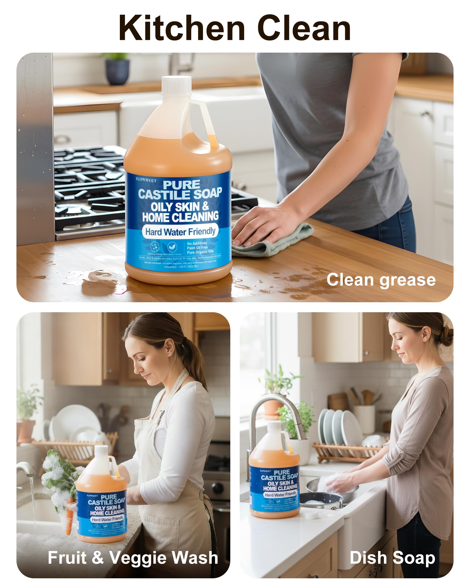 Flowhyet multi-purpose cleaner usage for hands, body, dishes, and surfaces.