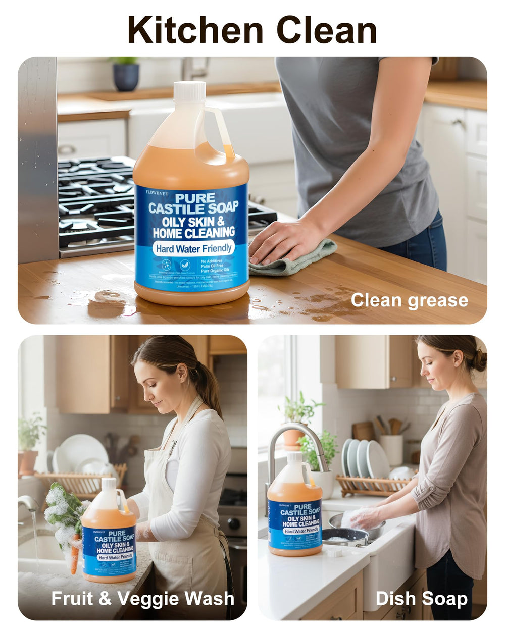 Flowhyet multi-purpose cleaner usage for hands, body, dishes, and surfaces.