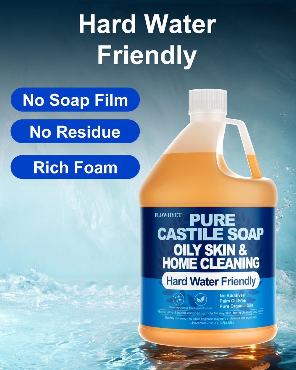 Flowhyet plant-based castile soap ingredients include coconut, olive, and sunflower oils.