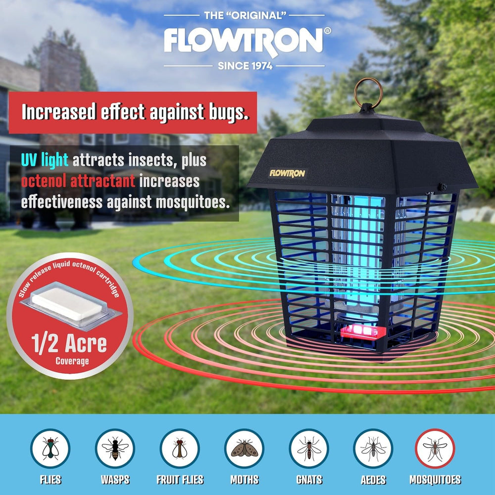 Flowtron 15W UV light visible at dusk, drawing night-active insects toward the grid.