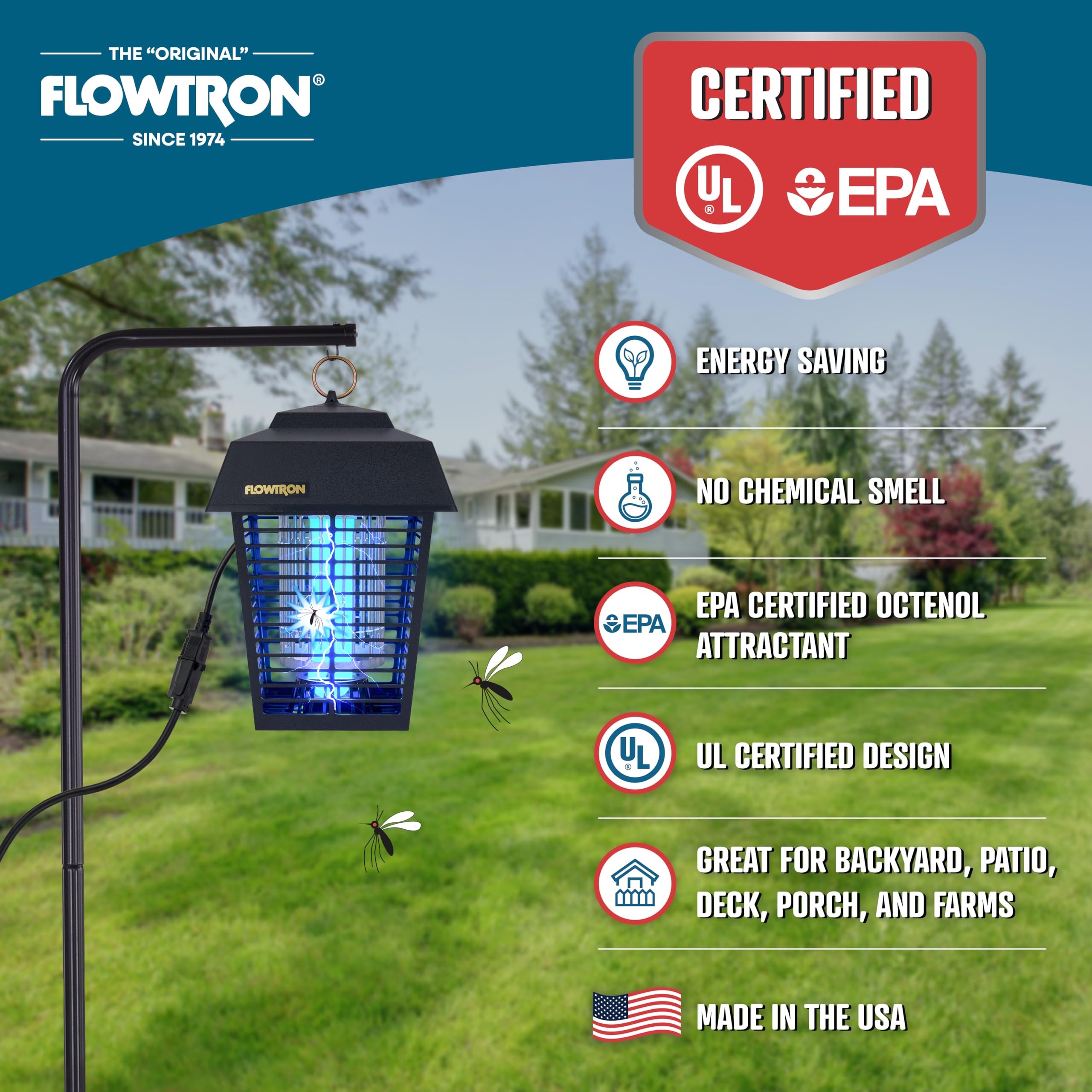 Flowtron unit installed on patios, decks, or farm perimeters with easy hanging.