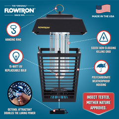 Flowtron dual-lure system highlighting UV light attracting pests and Octenol appealing to mosquitoes.
