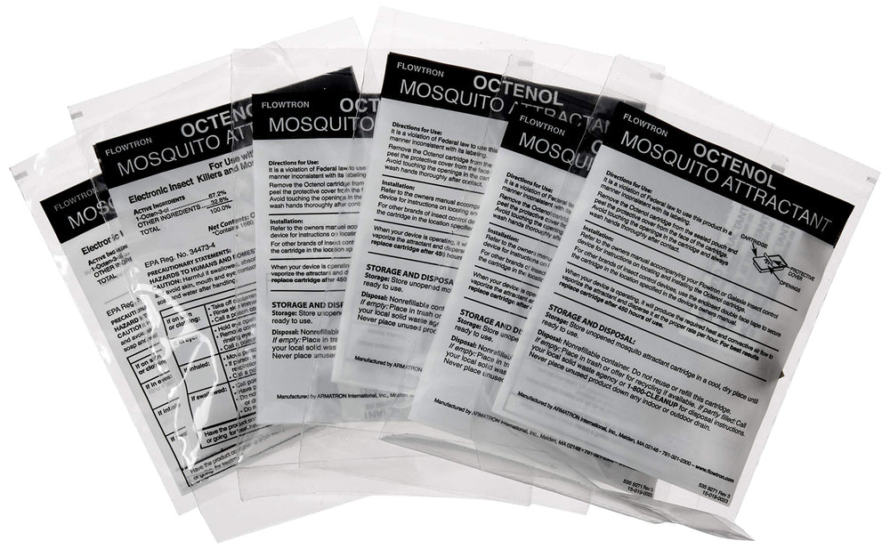 Flowtron Octenol cartridge closeup shows six-pack convenience for gatherings