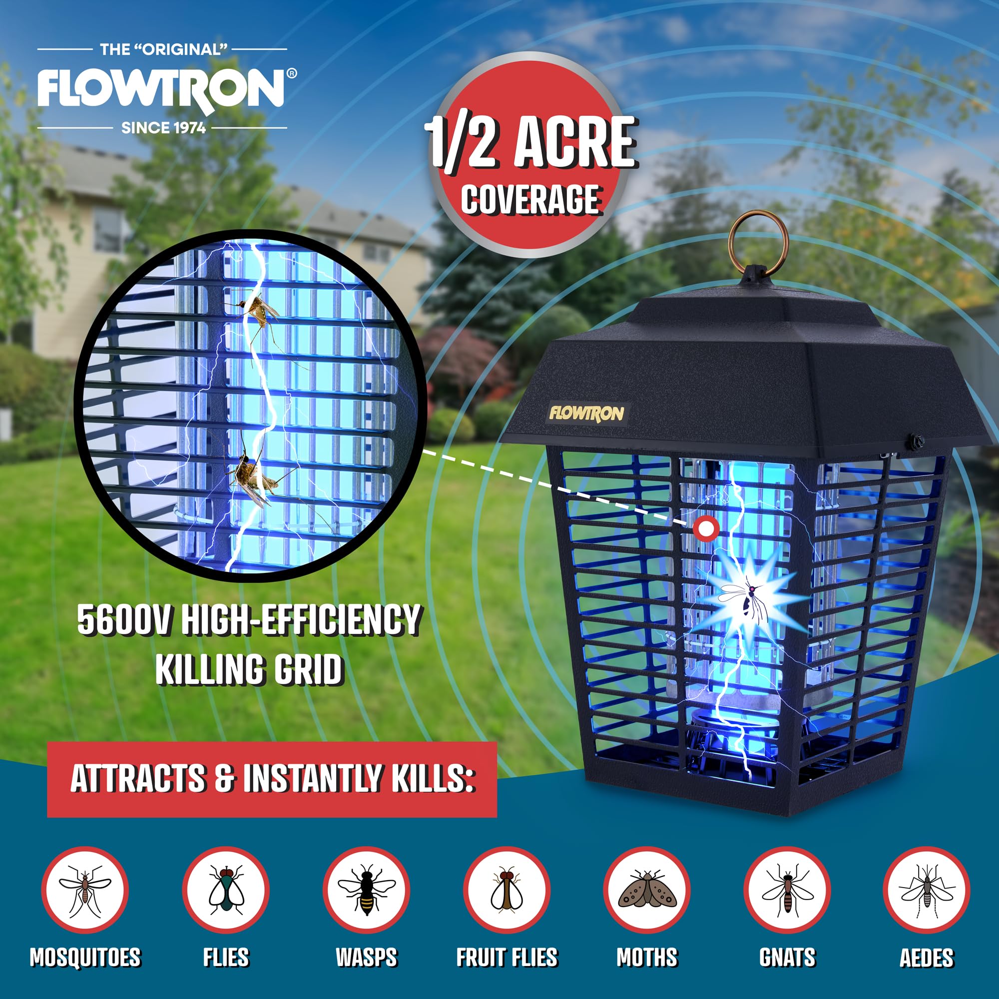 Flowtron weatherproof housing withstands rain and sun for year-round use.