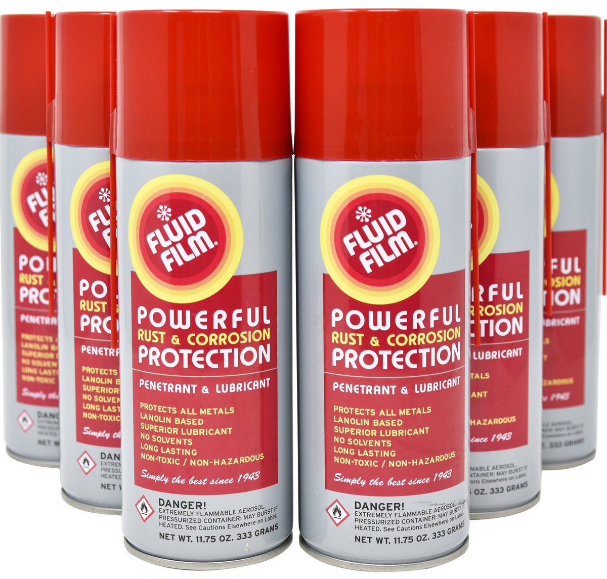Fluid Film rust protection aerosol spray safeguarding metal surfaces from corrosion.