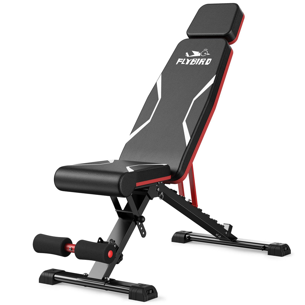 FlyBIRD adjustable weight bench with extended backrest for tall lifters.