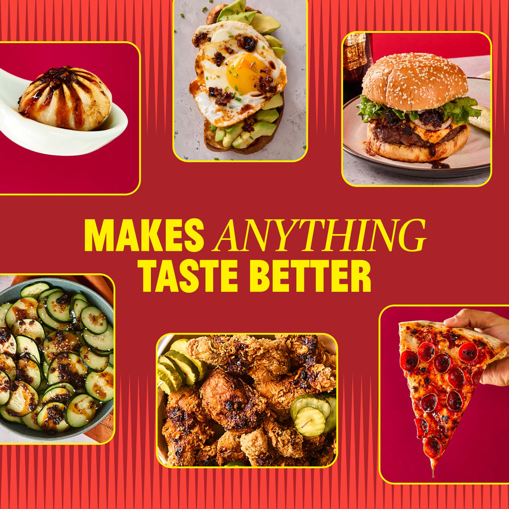 FlyByJing Original Chili Crisp spoon-dipping image suggests spicy topping for noodles