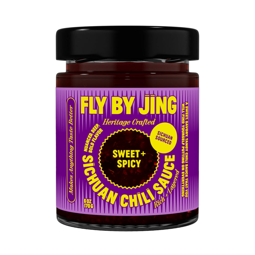 Flybyjing Sweet + Spicy Sichuan sauce bottle enhances any dish with bold flavor.