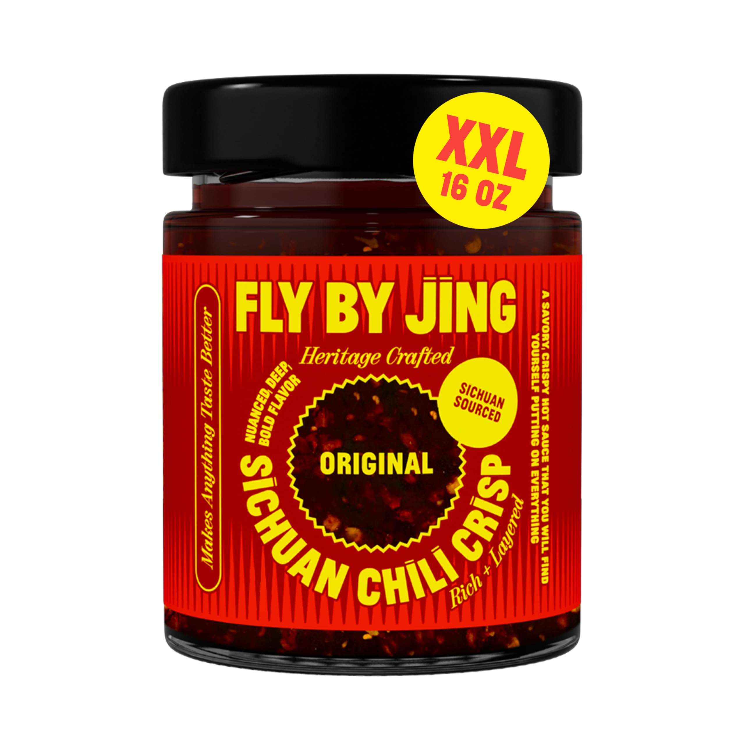 FLYBYJING XL Original Sichuan Chili Crisp jar with crispy texture enhances noodles