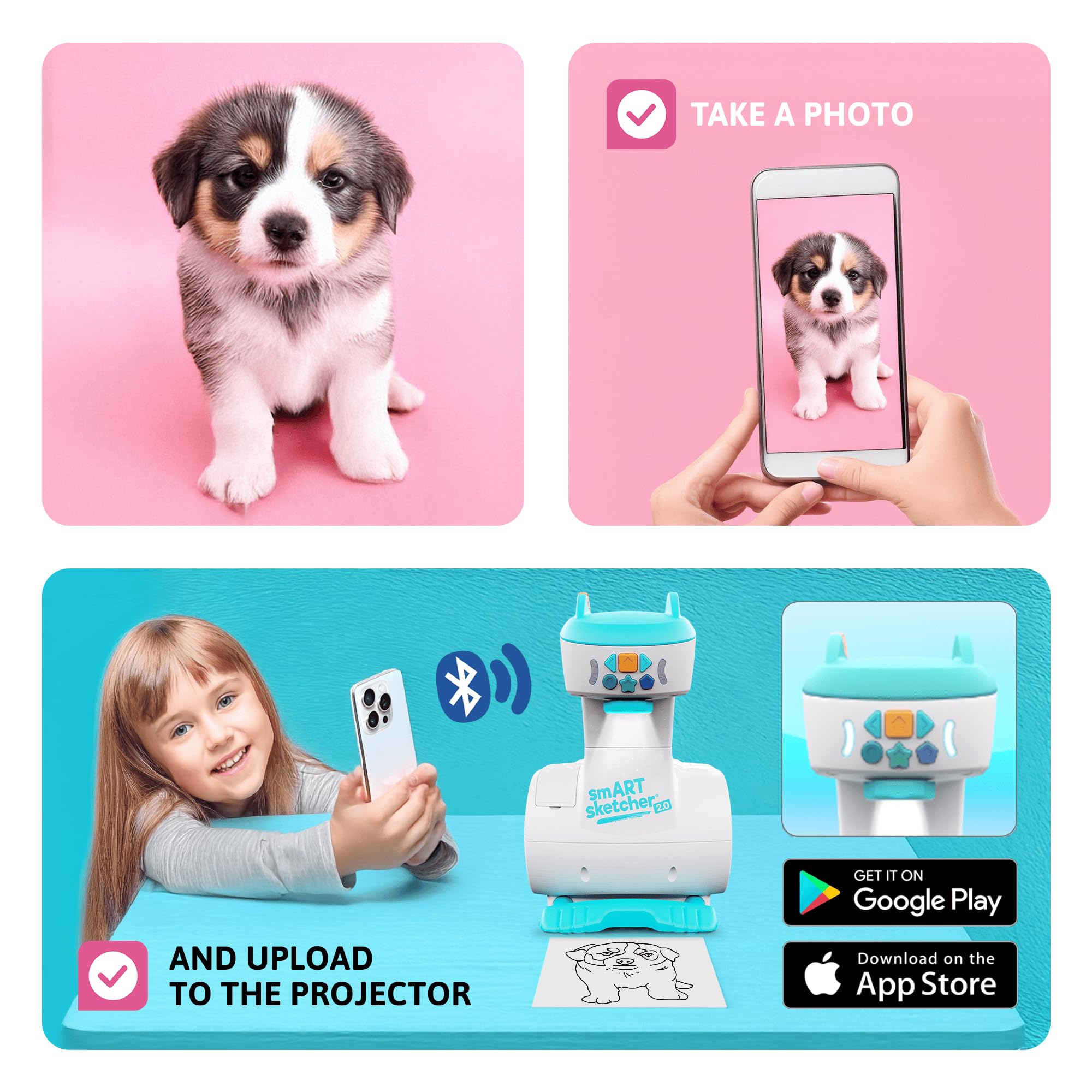 Flycatcher Smart Sketcher 2.0 connects via Bluetooth for personalized drawing content.