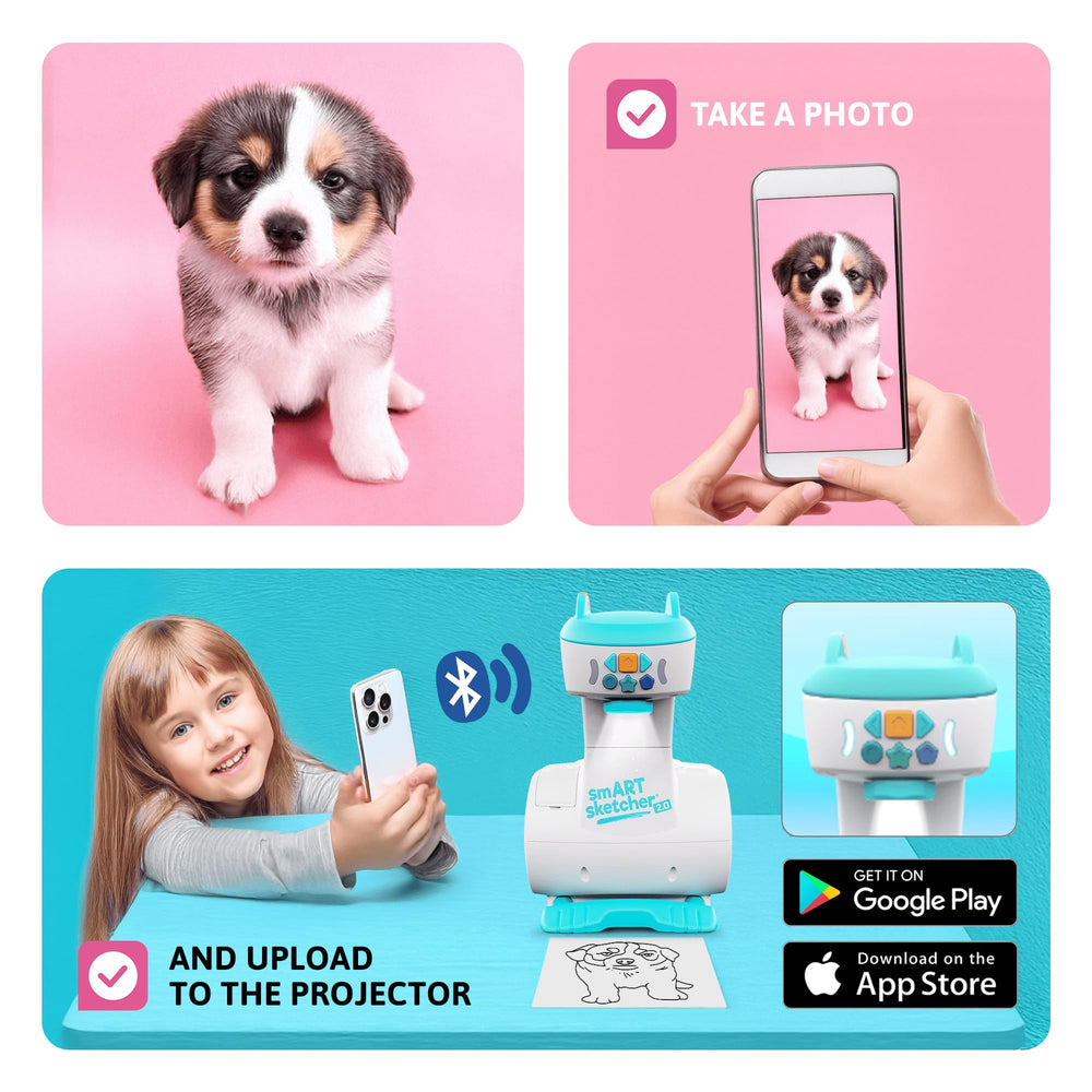 Flycatcher Smart Sketcher 2.0 connects via Bluetooth for personalized drawing content.