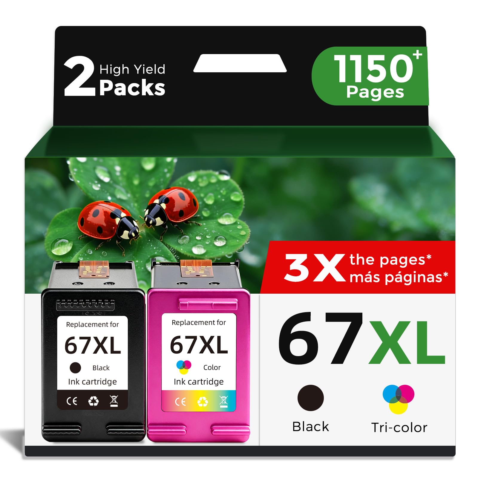 Flyfar 67XL black ink cartridge for HP printers with clear print quality and high yield
