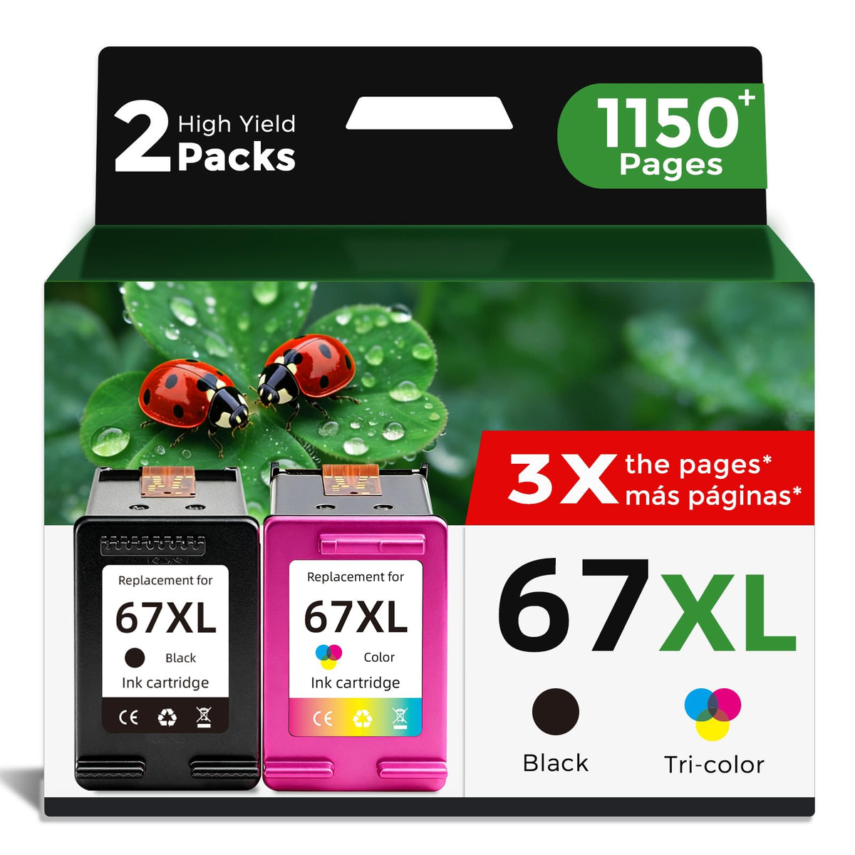 Flyfar 67XL black ink cartridge for HP printers with clear print quality and high yield