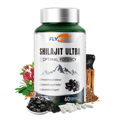 Flynew Shilajit bottle label shows premium ingredients for daily vitality