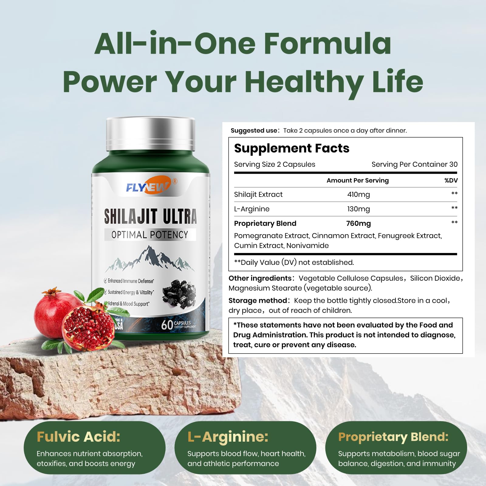 Flynew Shilajit packaging highlights USA manufacturing and GMP standards