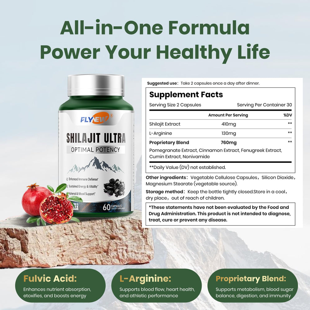 Flynew Shilajit packaging highlights USA manufacturing and GMP standards