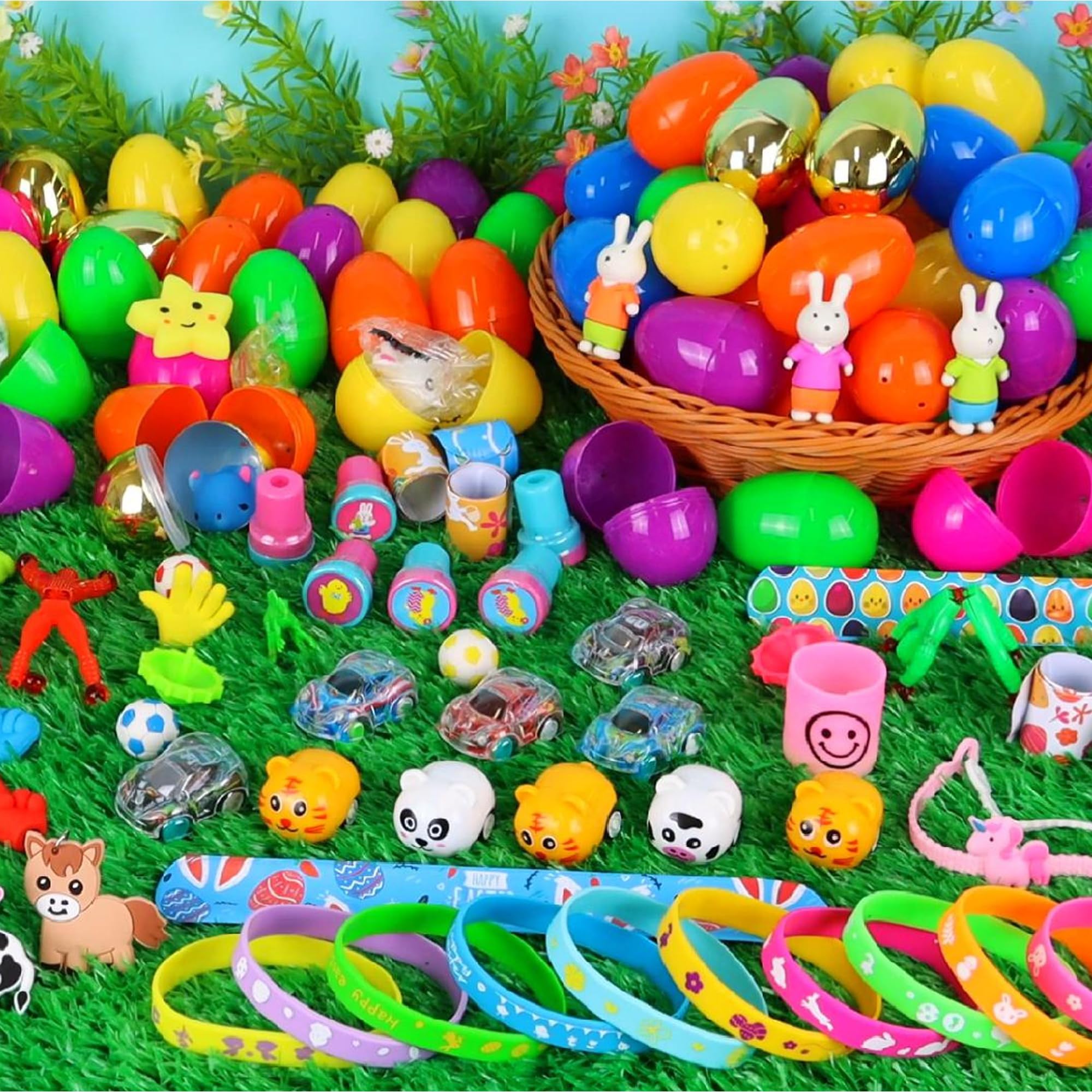 FLYSNK eggs show animal keychains and bunny erasers inside for playful rewards.