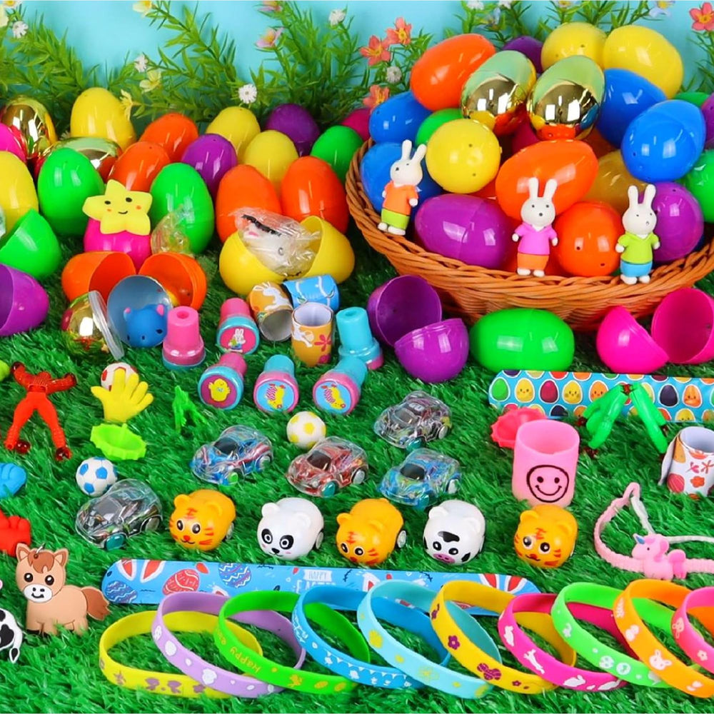FLYSNK eggs show animal keychains and bunny erasers inside for playful rewards.