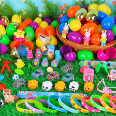 FLYSNK eggs show animal keychains and bunny erasers inside for playful rewards.