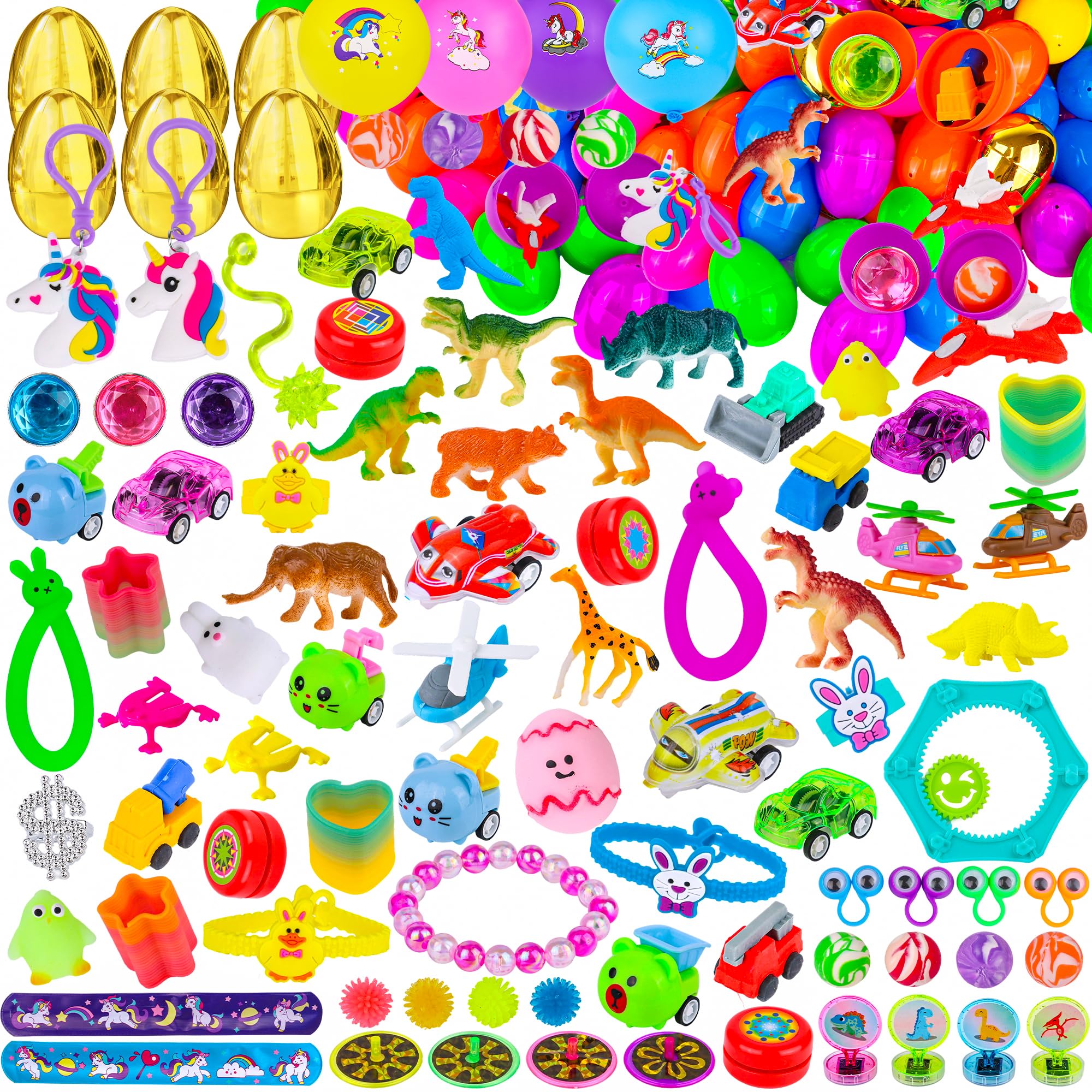 FLYSNK colorful Easter eggs with prefilled toys for engaging egg hunts.