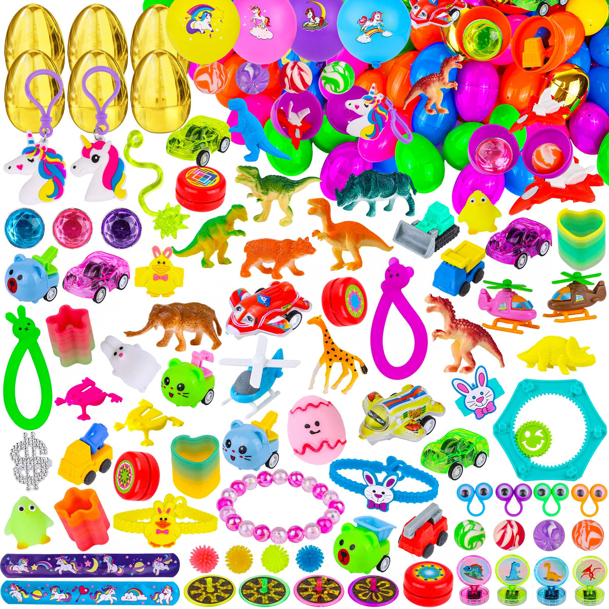 FLYSNK colorful Easter eggs with prefilled toys for engaging egg hunts.