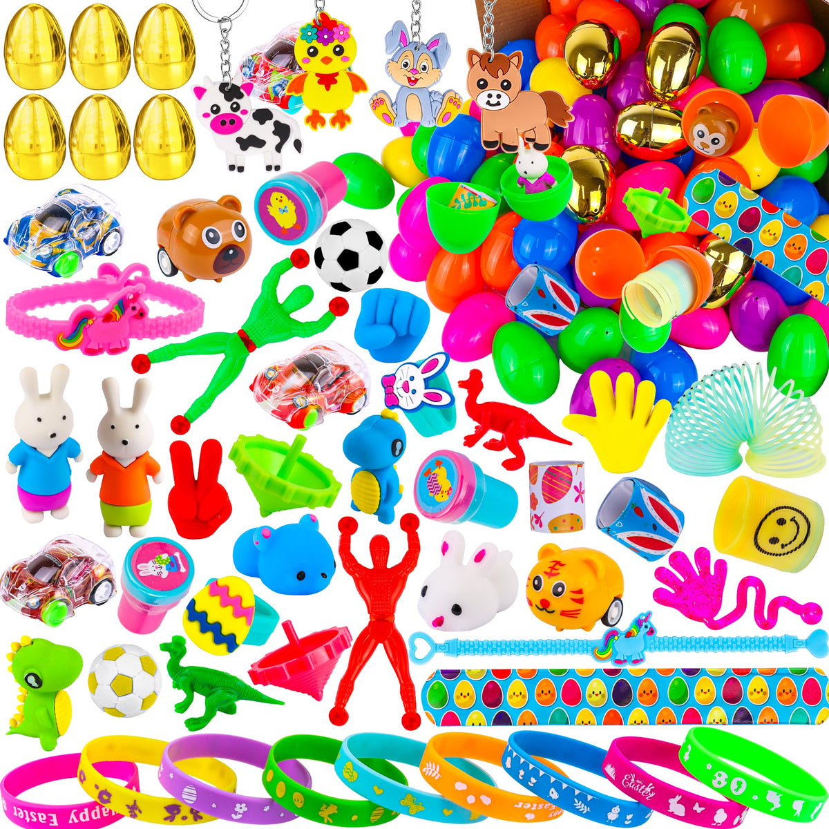 FLYSNK 100-pack Surprise Golden Eggs outer pack ready for Easter egg hunts with diverse fillers.
