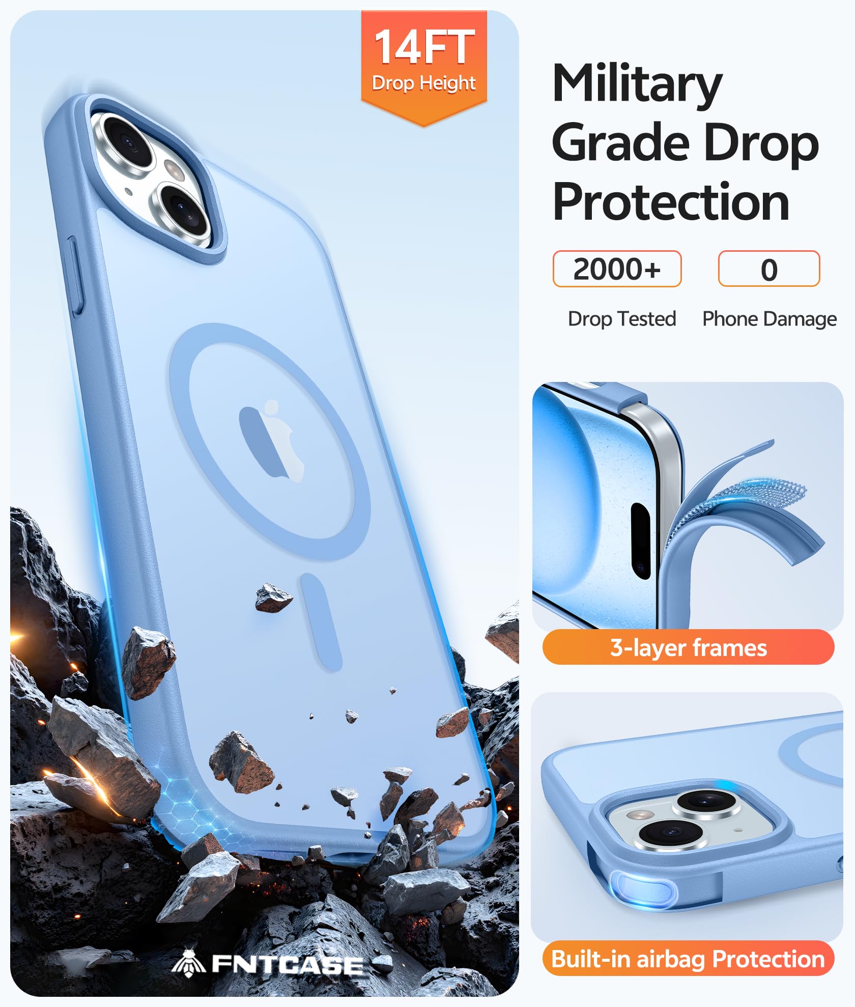 FNTCASE iPhone 15 case magnets align with wireless chargers and mounts