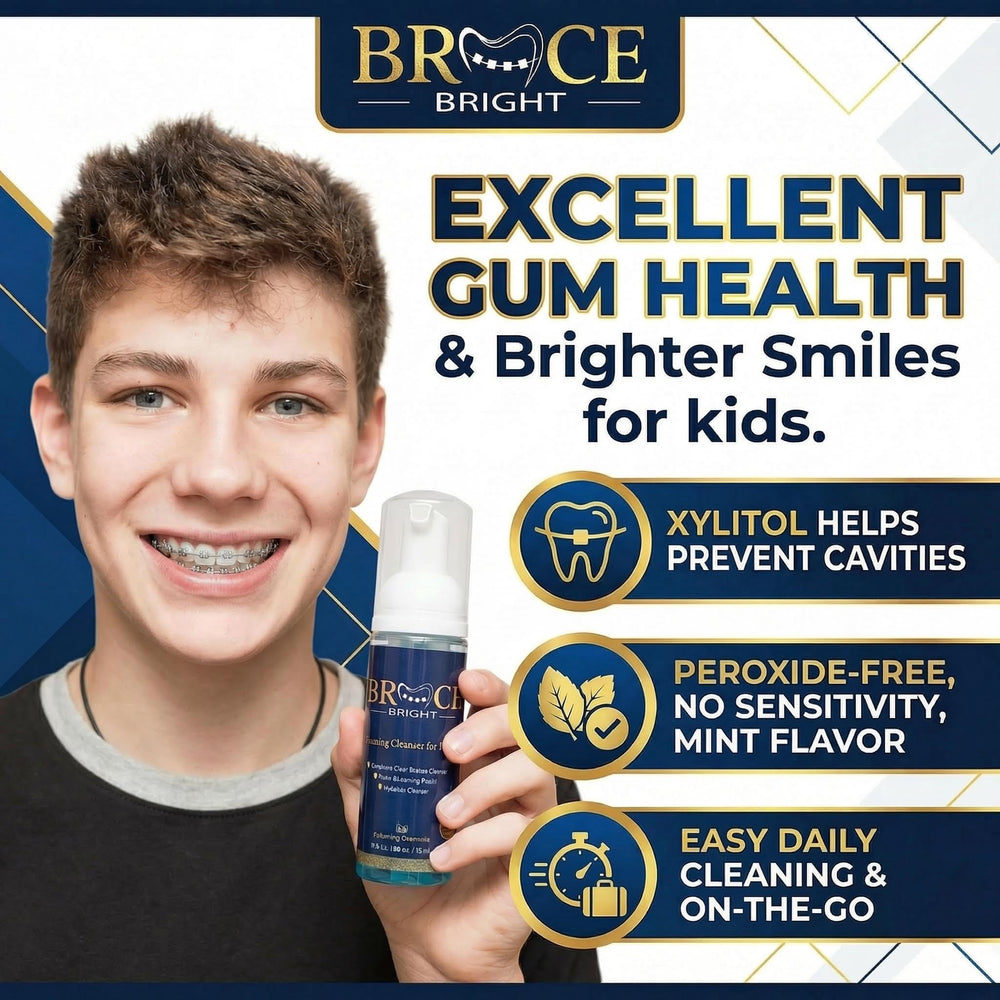 Foam Bright on-the-go braces cleaning routine with minty finish.