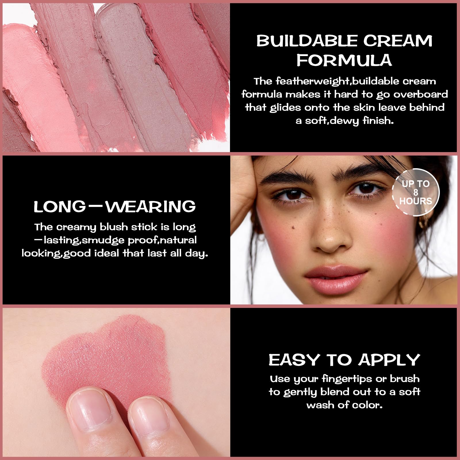 FOCALLURE Rose Flush applied cheek shows long-wearing, natural-looking color.