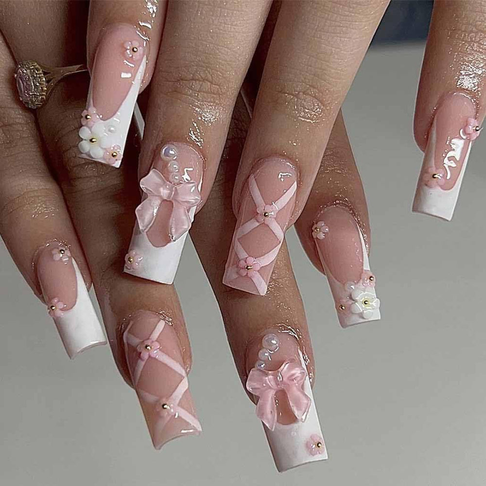 Foccna press-on nails pink rhinestone square for quick at-home manicure.