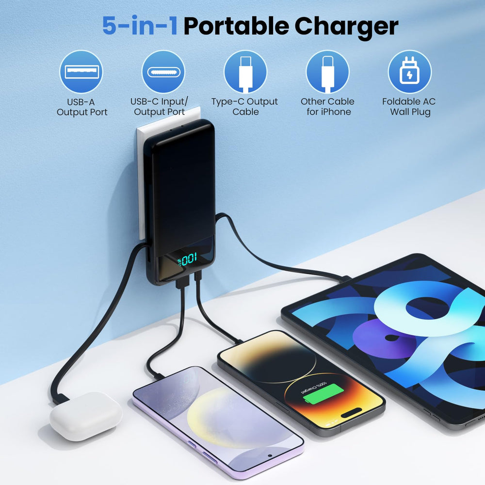 FOCHEW wall-plug design recharges the power bank at home or hotel.