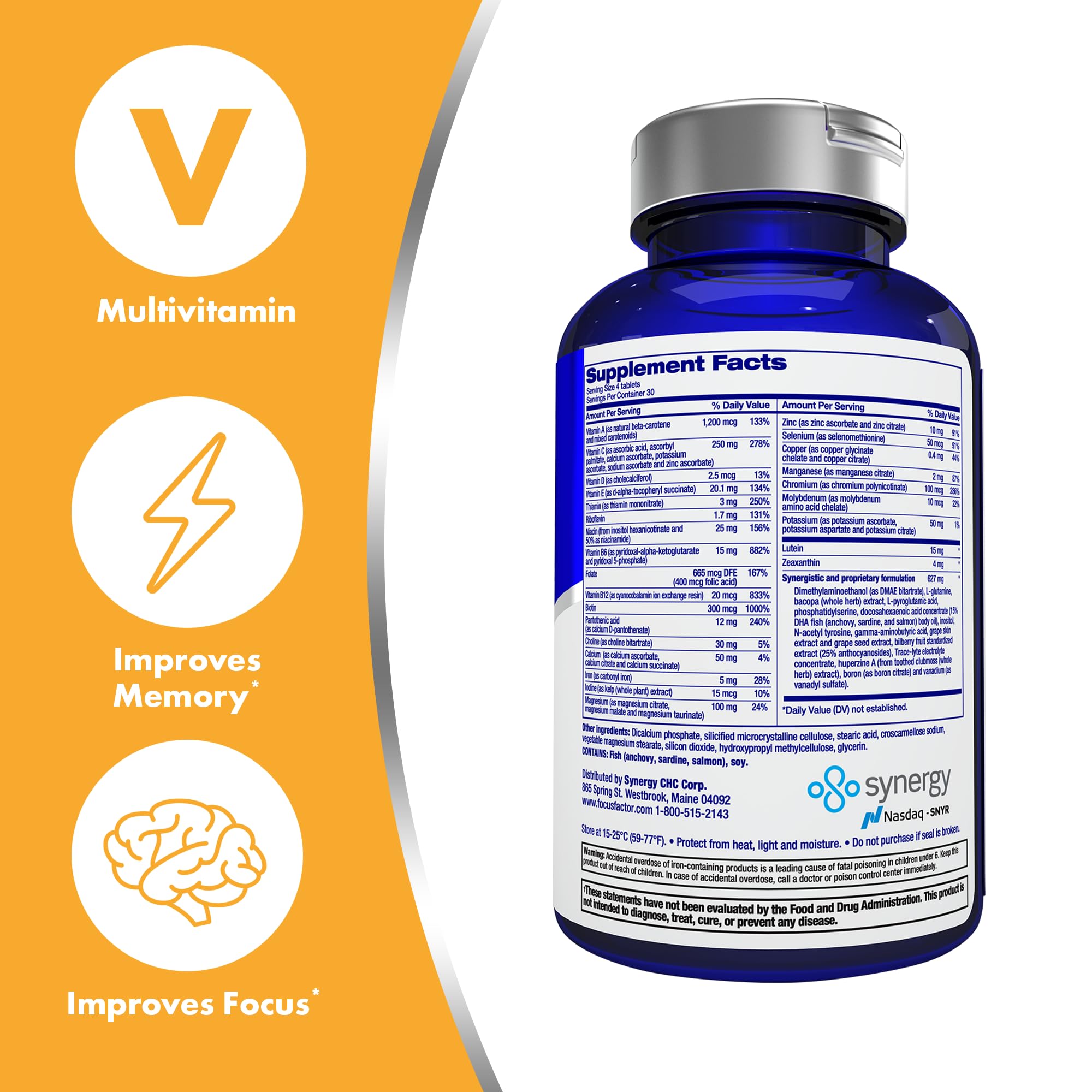 Focus Factor bottle back-label, detailed ingredients supporting overall cognitive health.