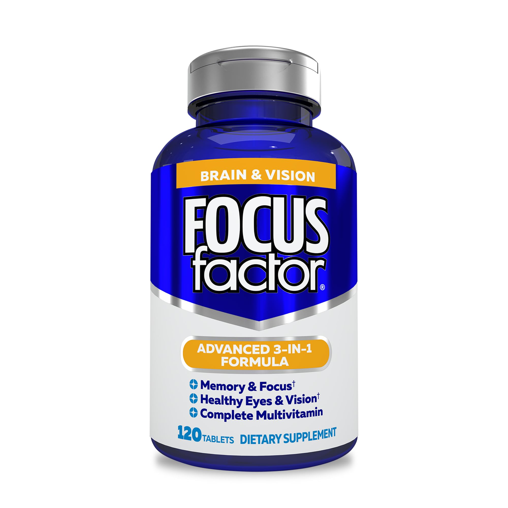 Focus Factor brain-vision tablets shown, supporting memory and daily focus.