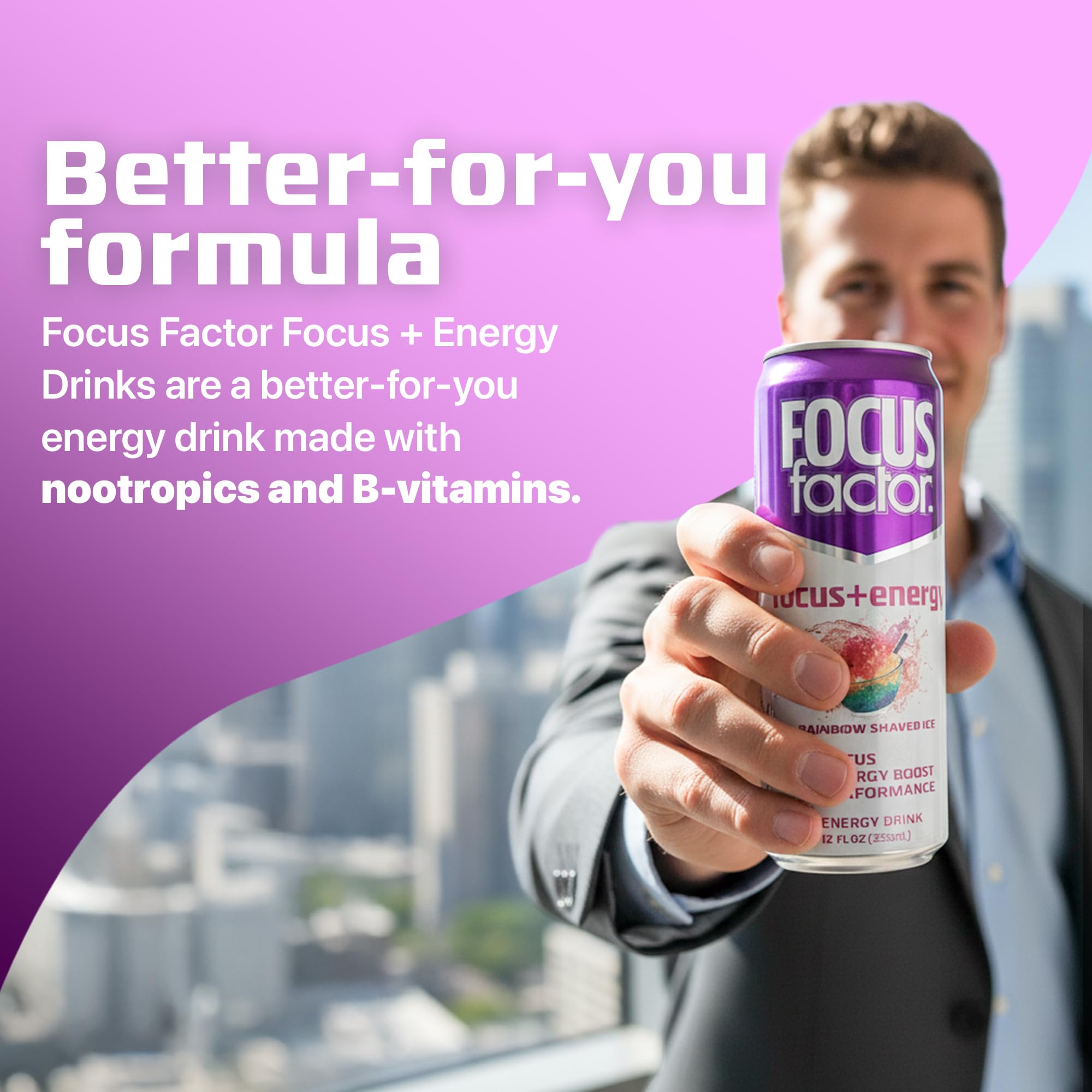 Focus Factor Rainbow Shaved Ice cans with light carbonation offer refreshing energy.