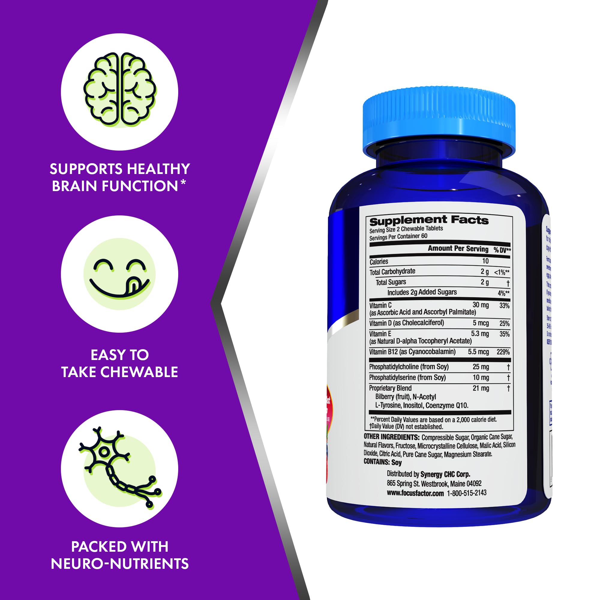Child taking Focus Factor Kids berry blast chewables as part of daily routine.