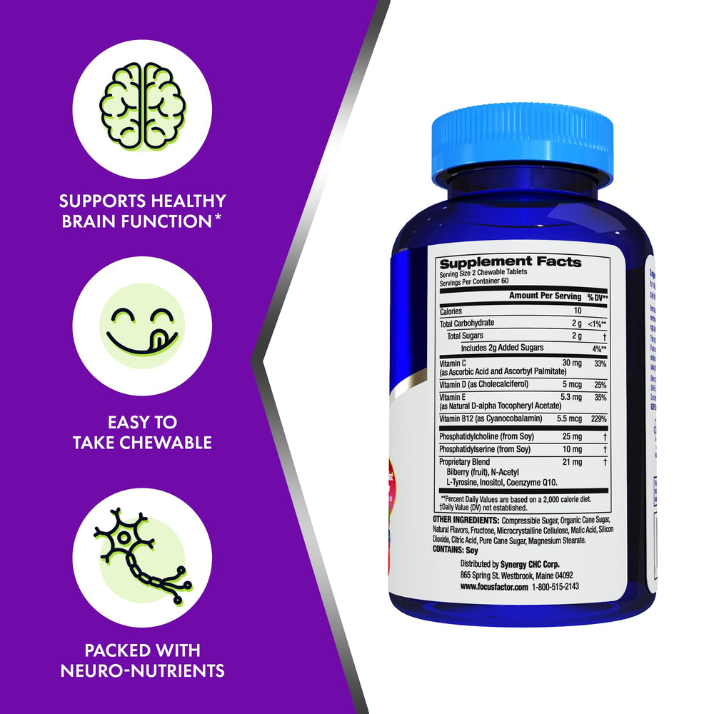 Child taking Focus Factor Kids berry blast chewables as part of daily routine.