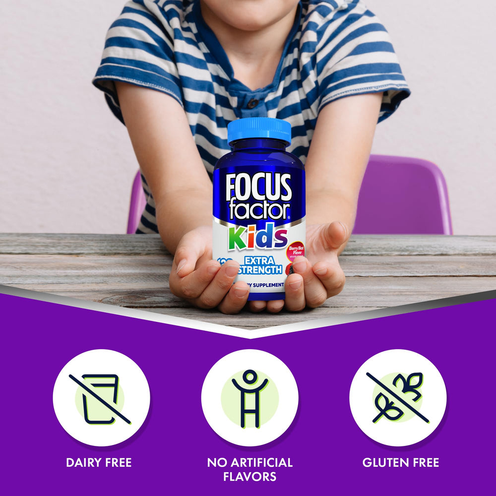Gluten-free and dairy-free Focus Factor Kids berry blast chewables beside healthy snacks.
