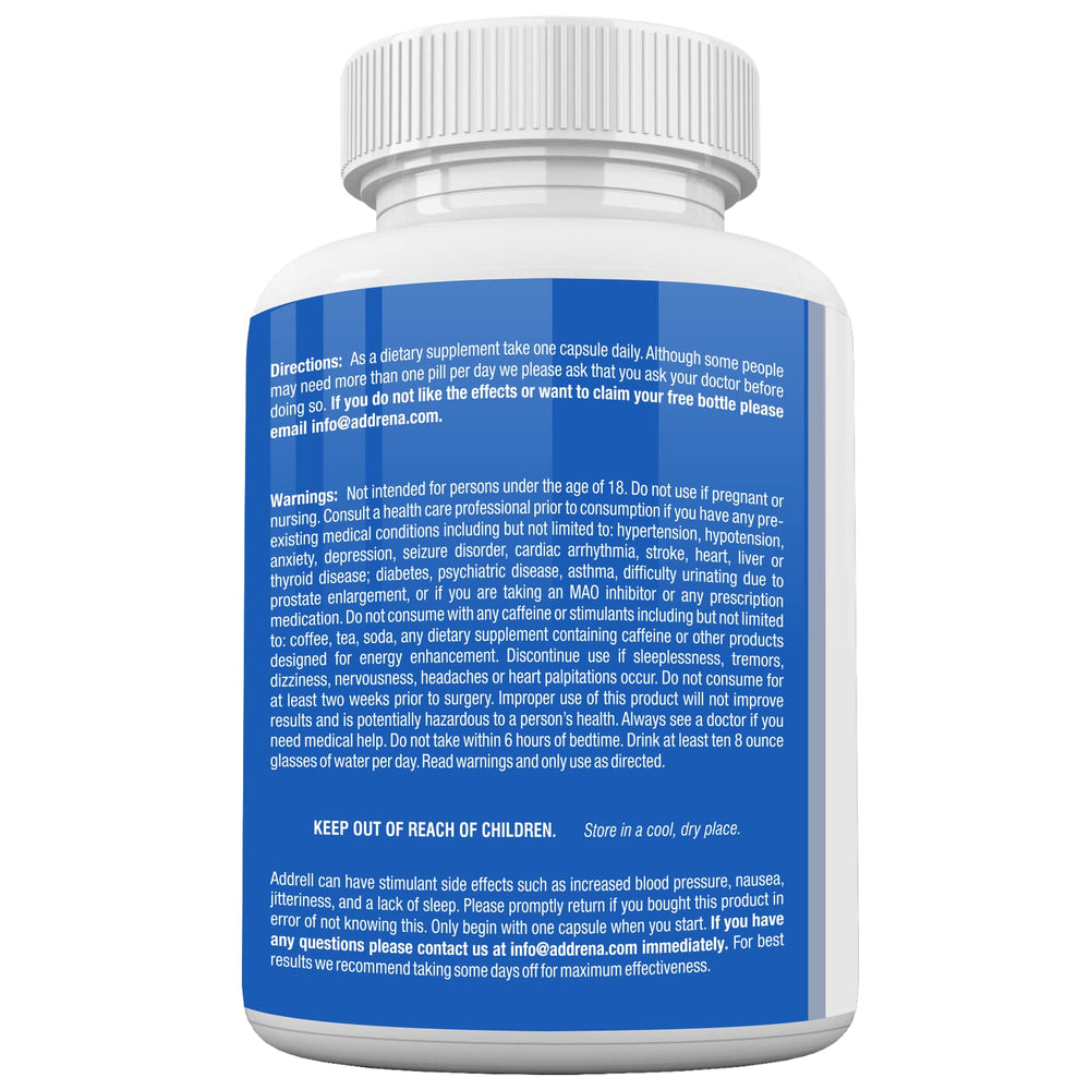 Focus Pep Addrell ingredients label highlights herbal stimulants and vitamins.