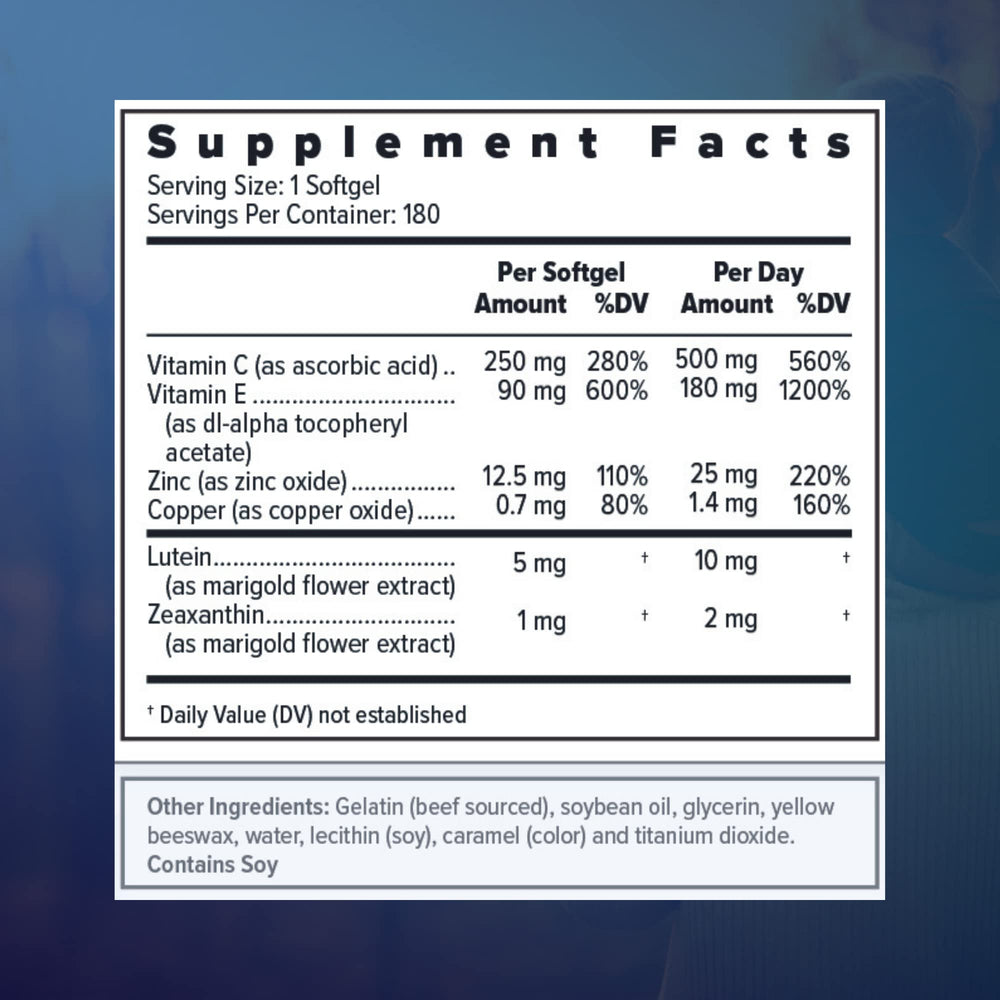 Close-up of Focus Vision Select AREDS2 bottle label highlighting ingredients and safety.