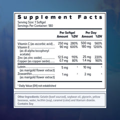 Close-up of Focus Vision Select AREDS2 bottle label highlighting ingredients and safety.