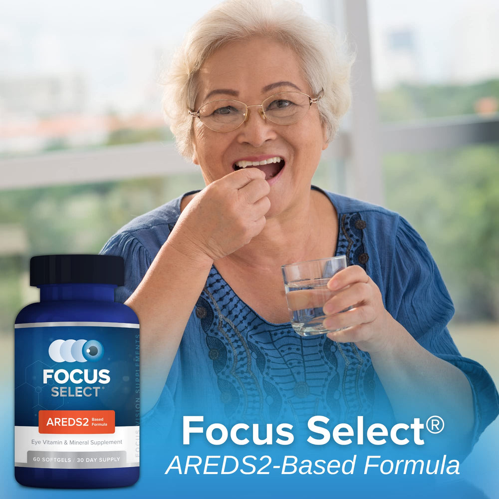 US-made production seal visible on Focus Vision Select AREDS2 bottle.