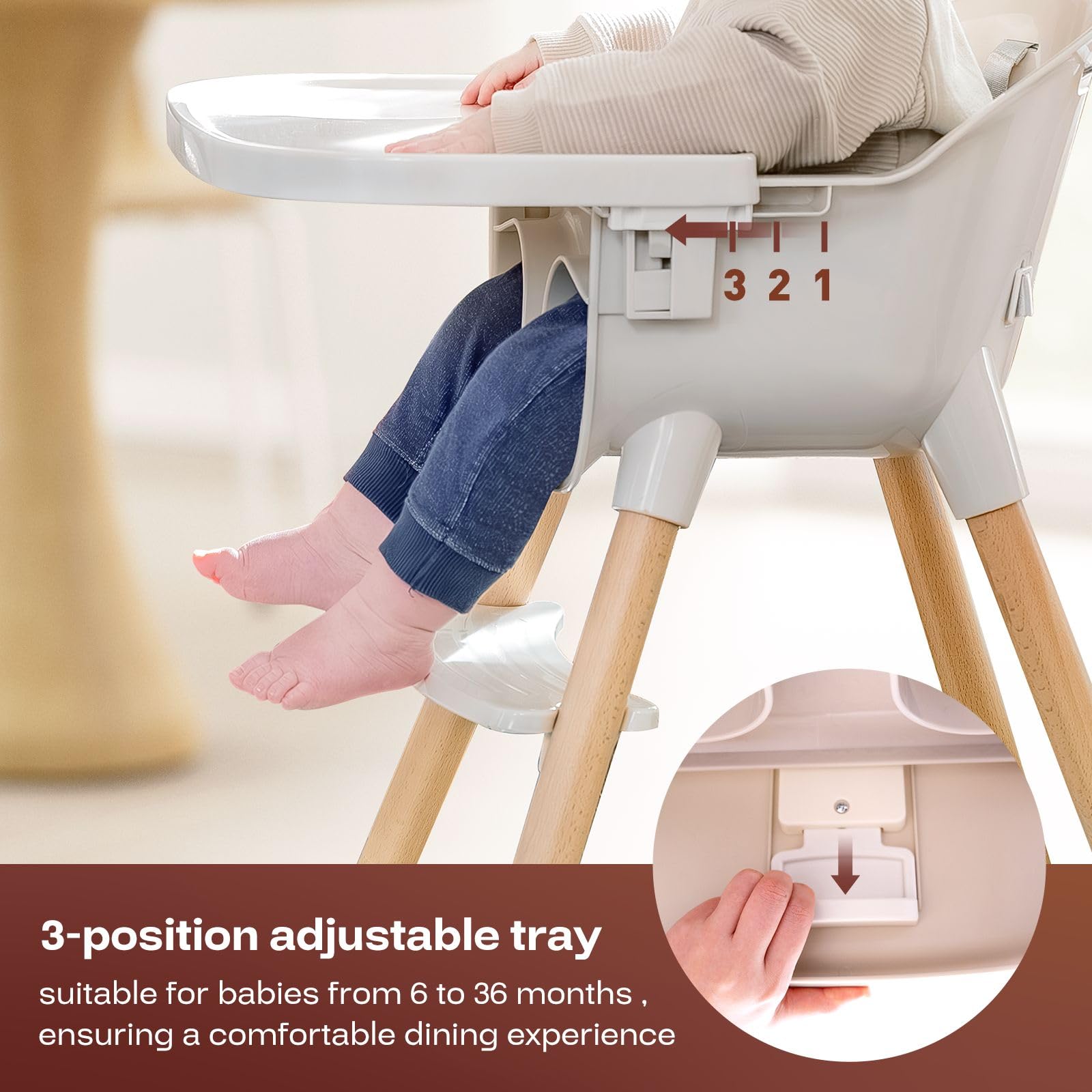 Fodoss high chair tray removes with one hand for convenience