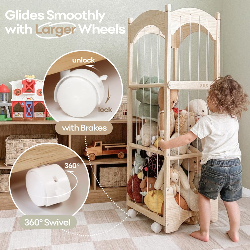 Fodoss wooden toy storage with detachable bars enables quick plush loading daily.