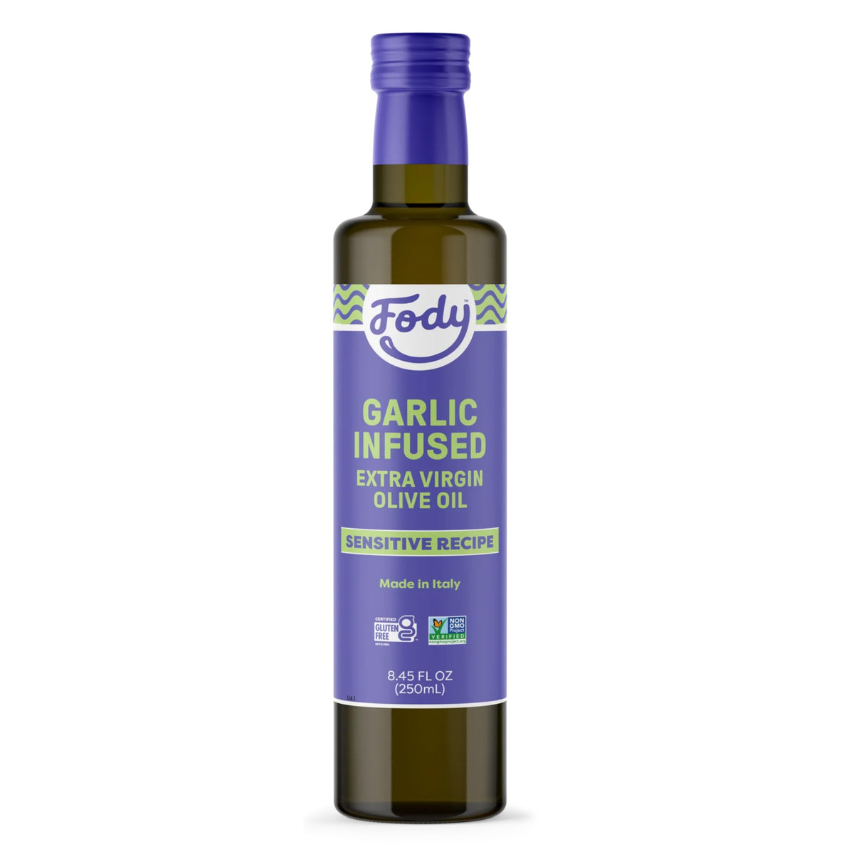 Fody Garlic Infused Olive Oil bottle close-up highlighting flavor and low FODMAP option.